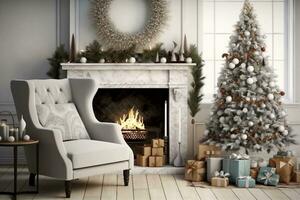 nuovo anno albero nel scandinavo stile interno con Natale decorazione e il camino. generativo ai. foto