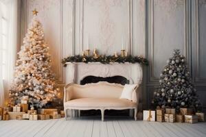 elegante interno di vivente camera con bellissimo Natale albero e il camino. generativo ai. foto