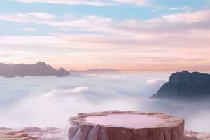 surreale pietra podio all'aperto su nuvole nel morbido blu cielo rosa pastello nebbioso montagna natura paesaggio.bellezza cosmetico Prodotto posizionamento piedistallo presente visualizzazione,primavera estate Paradiso. generativo ai. foto