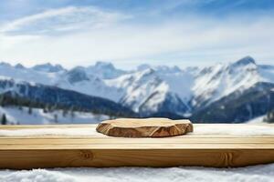 inverno neve su tavolo e piedistallo di gratuito spazio per il tuo decorazione. paesaggio di montagne e inverno volta. generativo ai. foto