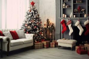 bellissimo vacanza decorato camera con Natale albero con regali sotto esso. generativo ai. foto