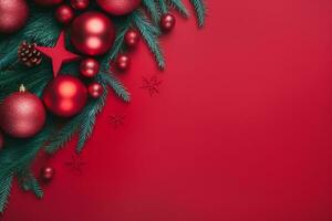 Natale carta con abete e arredamento su luccichio sfondo. generativo ai. foto