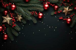 Natale decorazione con abete rami e rosso frutti di bosco su un' buio sfondo. generativo ai. foto