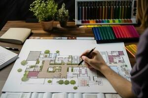 superiore Visualizza di architetti mani disegno di moderno Casa con Materiale campione su creativo scrivania. generativo ai. foto