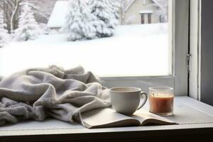 accogliente inverno ancora vita tazza di caldo caffè e ha aperto libro con caldo plaid su Vintage ▾ davanzale di Villetta contro neve paesaggio con cumulo di neve a partire dal esterno.generativo ai. foto