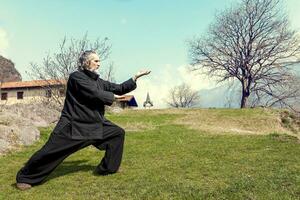 maturo uomo praticante tai chi disciplina all'aperto foto