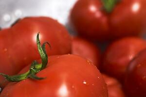 donna lavaggio appena raccolto biologico pomodori nel colino foto