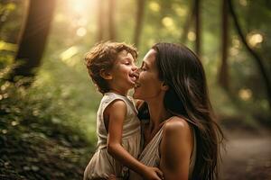madre e bambino condivisione un' amorevole momento nel il boschi. generativo ai foto