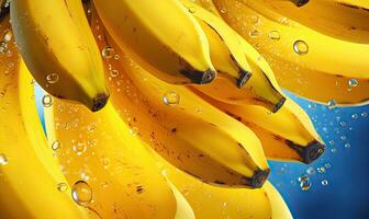 maturo mazzo banane con scintillante goccioline su un' vivace giallo sfondo. creato di ai foto