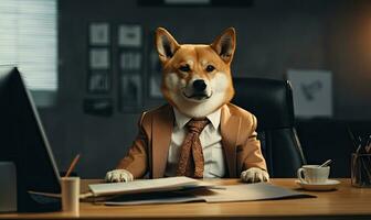shiba inu cane nel un' uomo d'affari completo da uomo si siede diligentemente a un ufficio scrivania, trasudante professionalità. creato di ai foto