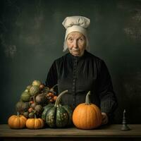 anziano donna con un' turbante, circondato di zucche. ai generativo foto