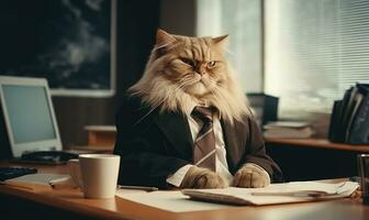 azzimato felino nel un' elegante completo da uomo si siede Lavorando a un ufficio scrivania. ai generativo foto