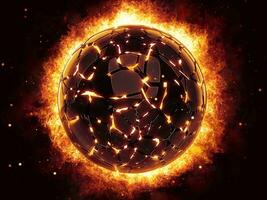 raggiante rotto nero sfera Engulfed nel fuoco e fiamme foto