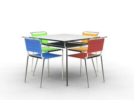 bianca tavolo con colorato sedie - su bianca sfondo -3d rendere foto