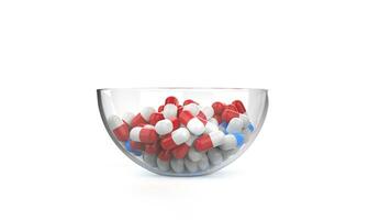 bicchiere ciotola pieno con rosso e blu pillole - isolato su bianca sfondo foto