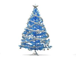 brillante blu Natale albero con argento orpelli e decorazioni foto