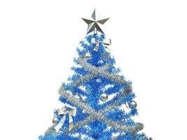 brillante blu Natale albero con argento orpelli e decorazioni - avvicinamento tiro foto