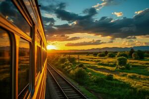 tramonto o Alba visualizzazioni a partire dal un' in movimento treno foto