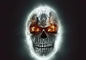 raggiante arrabbiato metallo demone cranio con occhi ardente luminosa foto