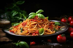 italiano pasta. spaghetti bolognese su buio sfondo. generativo ai foto