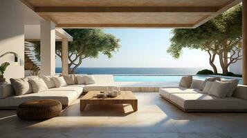 mare Visualizza a partire dal il grande vivente camera di lusso estate spiaggia Casa con nuoto piscina vicino terrazza. generativo ai foto