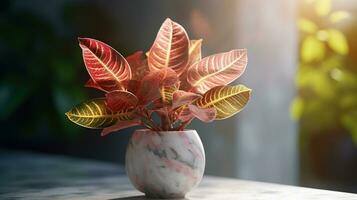 realistico foto di un' tropicale pianta nel un' marmo vaso. con naturale leggero condizione. ai generato