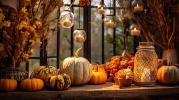 realistico foto di autunno impostato e decorazioni. con caldo leggero condizione. ai generato