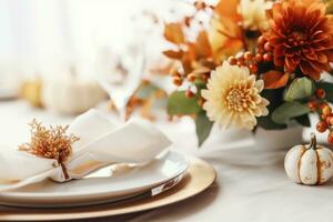 festivo autunno tavolo ambientazione per ringraziamento con decorazioni fatto di naturale impianti. ai generato foto