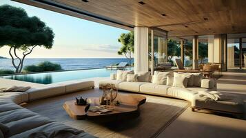 mare Visualizza a partire dal il grande moderno vivente camera di lusso estate spiaggia Casa con nuoto piscina vicino terrazza. generativo ai foto