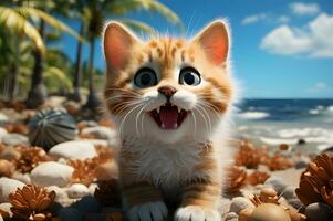 3d rendere di un' gatto esplorando il spiaggia ai generativo foto