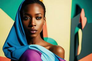 ai generativo bellissimo africano americano, nero donna ritratto fascino sparo, elegante foto