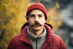 giovane uomo con grande baffi e a maglia cappello all'aperto, generativo ai nel novembre foto