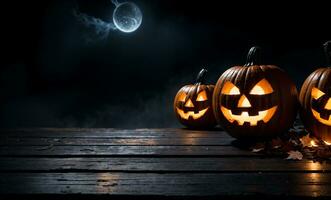 spaventoso Halloween notte con arancia Jack o lanterne su un' di legno ponte per Prodotto Schermo sotto un' pieno Luna, ai generato foto