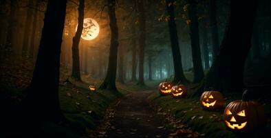 Halloween zucche e pieno Luna nel un' spaventoso arancia e nero nebbioso foresta, ai generato foto