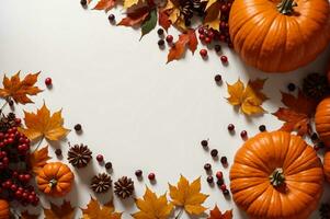 festivo ringraziamento tavolo arredamento con zucche, frutti di bosco, e autunno foglie, ai generato foto