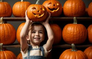 bambino Tenere lavorato zucca nel davanti di arancia ringraziamento e Halloween zucca Schermo, ai generato foto