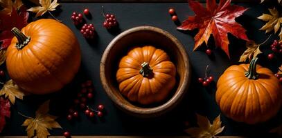 festivo ringraziamento decorazione con zucche e autunno le foglie e frutti di bosco su un' buio sfondo., ai generato foto