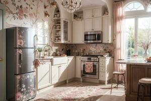 lussuoso cucina con elegante mobilia e raffinato arredamento. sereno e spazioso cucinando spazio, pesca e polvere rosa lusso interno design floreale colore frigorifero e forno .ai generato foto