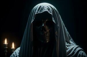 spaventoso Halloween fantasma con cranio viso e misterioso candele nel il sfondo, ai generato foto