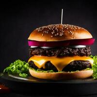 delizioso Pasticcino hamburger con nero sfondo ai generato foto