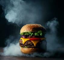 un' delizioso hamburger con fumoso sfondo ai generato foto