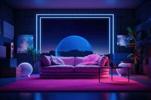 interno di un' camera con neon illuminazione. ai generato foto