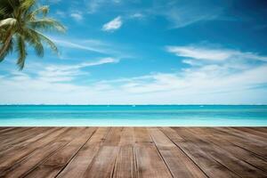 un vuoto di legno tavolo su un' bellissimo blu sfondo di un' tropicale spiaggia.. ai generato foto