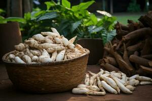 un' mucchio di crudo manioca nel manioca produzione. ai generato foto