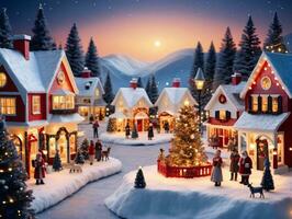 un' Natale villaggio con un' Natale albero e le persone. ai generato foto