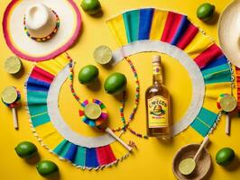 un' bottiglia di Tequila e un' cannuccia cappello su un' giallo sfondo. ai generato foto