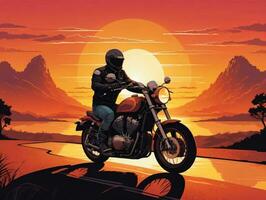 un' uomo equitazione un' motociclo su un' strada a tramonto. ai generato foto