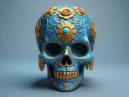 un' blu cranio con oro decorazioni su esso. ai generato foto
