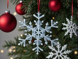 un' fiocco di neve ornamento su un' Natale albero. ai generato foto
