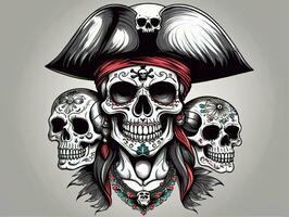 un' pirata cranio con un' cappello e Due teschi. ai generato foto